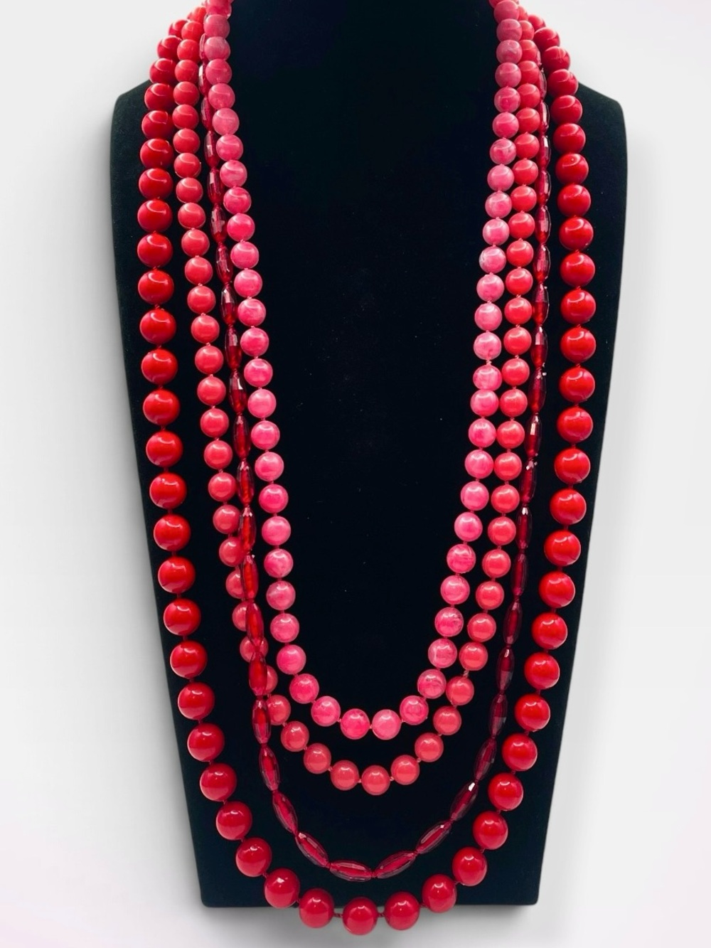 Vintage Multi Strand Red and Pink Beaded Statement Necklace